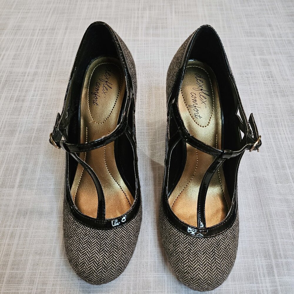 DEXFLEX COMFORT Black/Grey Herringbone T-Strap Mary Jane Heels Size 7.5